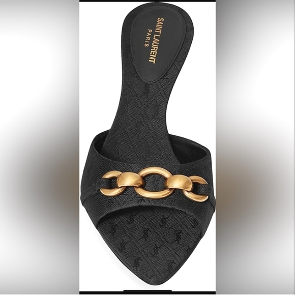 NEW$1050 Saint Laurent YSL Logo Gippy Chain Kitten-Heel Slide Sandal Mules Sz 37 - Picture 7 of 17